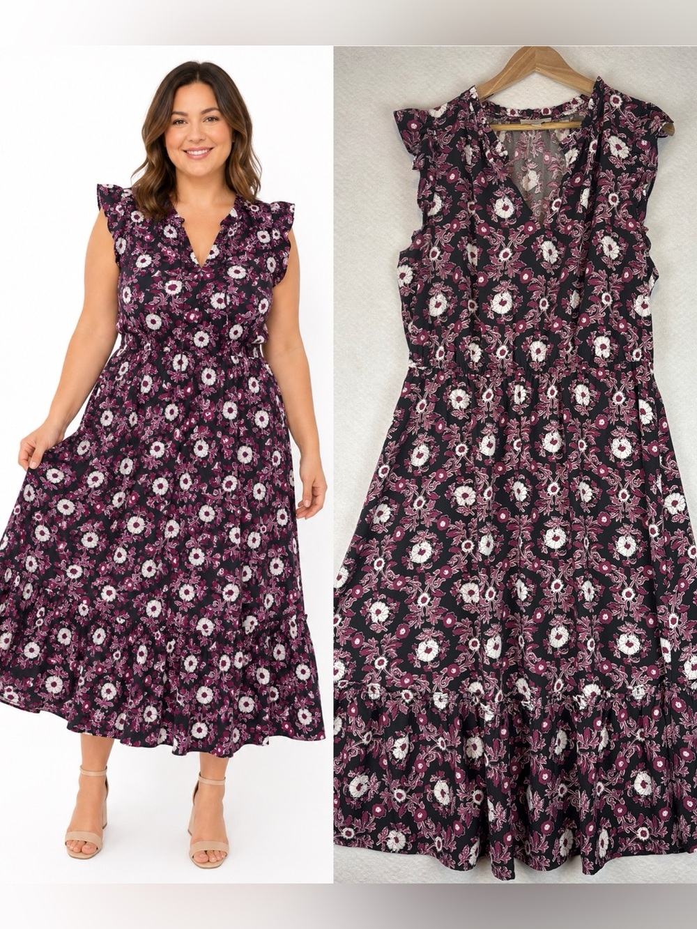 LOFT Outlet Floral Flutter Sleeve Midi Dress Women’s Large Black Pink Boho